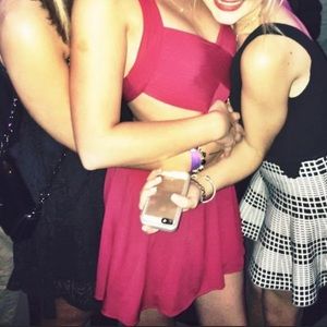 Red open back halter dress